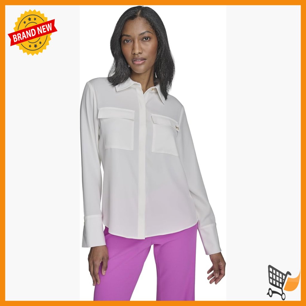 Classic Fit Long Sleeve Button Down Blouse With Pockets